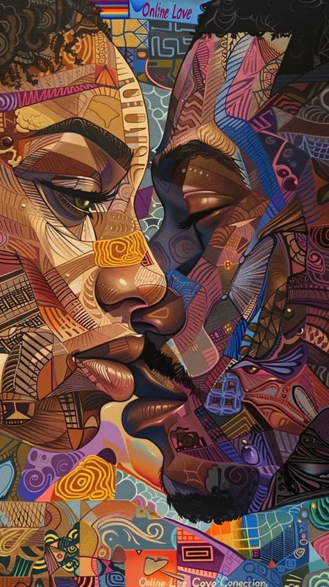 This is a painting of two people of color, with their faces close together. The background is a dark color ->> more details in ai-img-gen.com Abstract Portraits, Silhouette Wall Art, African Paintings, Black Art Painting, Art Prompts, Abstract Portrait, African American Art, Black Women Art, Cool Art Drawings