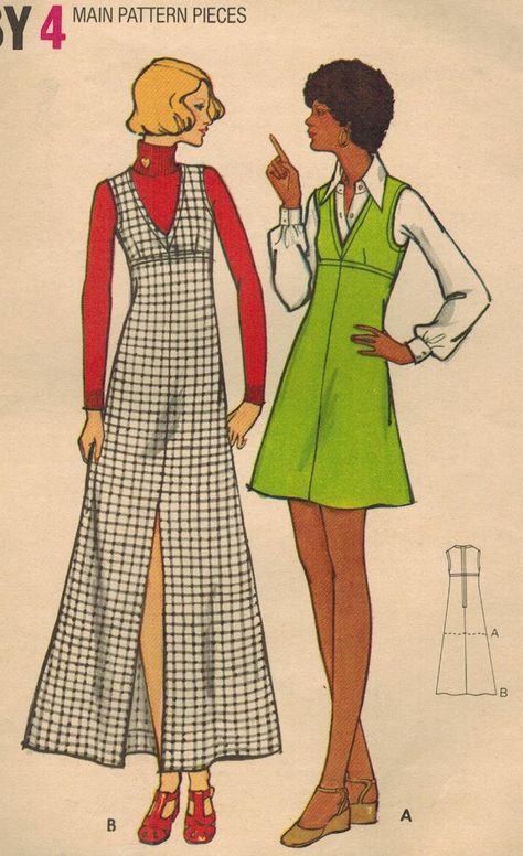 BUTTERICK 6758: Use this early 1970s vintage sewing pattern for misses to sew a cute A-line jumper with empire waistline, in mini or maxi length. Scroll down to learn more about the size, pattern condition, and garment details. SIZE INFORMATION: Misses Size 10 Bust 32.5 inches Waist 24 inches Hi 34.5 inches PATTERN CONDITION: COMPLETE, UNUSED (instructions and all pattern pieces (uncut and in original factory folds)) GARMENT INFORMATION: Jumper details: - dart-fitted bodice - V-neckline - empire waistline - A-line skirt in mini length or maxi length with center front vent - back zipper closure - trimmed with top-stitching for a crisp finish COPYRIGHT: Mod style from 1971! 1960s Sewing Patterns, Vintage Sewing Patterns 1970s, Vintage Sewing Pattern Illustrations, 60s Sewing Patterns, 70s Sewing Patterns, 1970 Fashion, 1970s Clothing, Sewing Pattern Vintage, 1970s Sewing Patterns