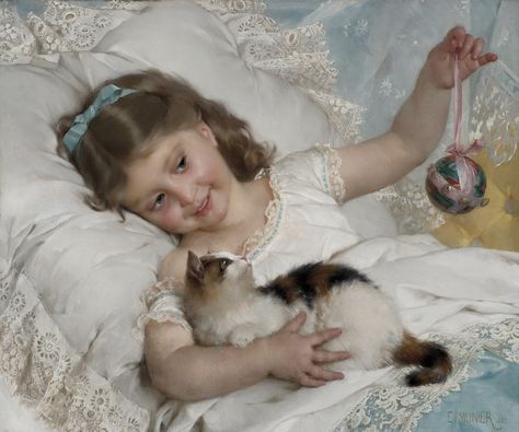 Emile Munier, Grey And White Cat, William Adolphe Bouguereau, Cat Ball, Nursery Paintings, A4 Poster, Girls Play, Vintage Artwork, French Artists