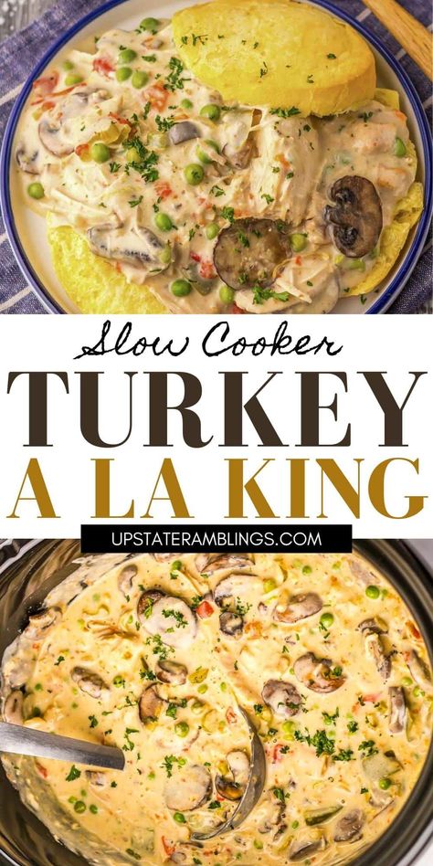 Bring back the nostalgia of home-cooked meals with this Slow Cooker Turkey A La King! This easy recipe features tender turkey in a luscious sauce, making it the ideal comfort food for any occasion. Perfect for meal prep or cozy family dinners, it’s sure to become a favorite at your table! Slow Cooker Chicken A La King, Cream Turkey Recipe, Turkey A La King Recipes, Leftover Turkey Recipes Crockpot, Turkey In Crockpot, Creamed Turkey Recipe, Slow Cooker Recipes Turkey, Turkey A La King, Turkey Soup Crockpot