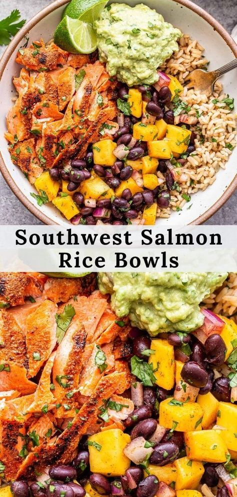 Rice Bowl Recipe Easy, Brown Rice Salmon Bowl, Seasoned Rice With Salmon, Salmon And Black Beans, Salmon And Brown Rice Recipes, Salmon Rice Bowl Recipes, Fish Rice Bowl, Meal Prep Rice, Southwest Salmon