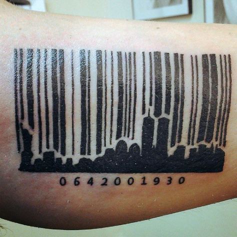 Barcode City Skyline Mens Tattoo On Arm Unbreakable Tattoo, Birth Marks, Guardian Angel Tattoo Designs, Twisted Art, Barcode Tattoo, Tattoos Men, Number Tattoos, Typographic Logo Design, Angel Tattoo Designs