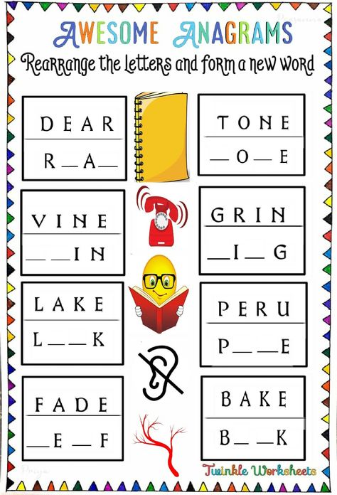 It is a simple anagrams for kids. We need to rearrange the given letters and form a new word. Grade 3 and grade 4 students can easily do this worksheet. Fun worksheet for students. Have fun learning with us!. Anagrams Worksheet, Transition Words Worksheet, Anagram Words, Games For Grade 1, Digraphs Activities, Jumbled Words, Basic Sight Words, Worksheets For Grade 3, Good Grammar