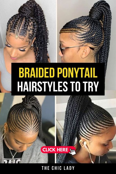 Top Braided Ponytail Hairstyles to Try in 2024 for a Chic Look Updo Ponytail With Braid, Cornrow Ponytail Styles 2024, 1 Braid Ponytail Black, Top Braided Ponytail, Braided Hairstyles Into Ponytail, Braided Ponytail Hairstyles Feed In, Cute Ponytail Hairstyles For Black Women, Ponytail Braid Hairstyles Black, Braided Up Ponytail