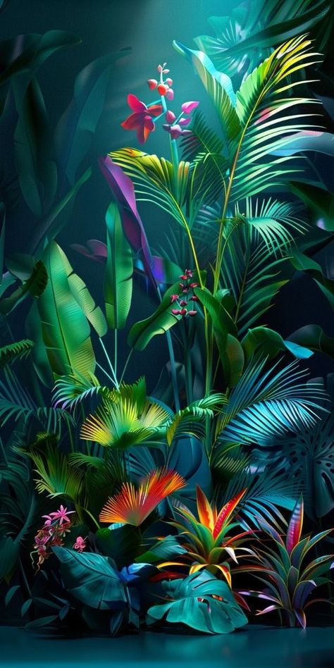 Tropical Jungle Aesthetic, Jungle Aesthetic, Tropical Style Interior, Jungle Painting, Lotus Flower Pictures, Tropical Poster, Neon Jungle, Tropical Illustration, Lovely Flowers Wallpaper