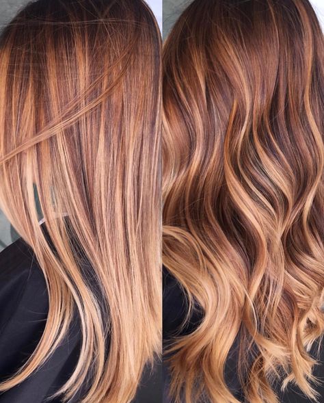 Caramel Gold Hair, Copper To Blonde Balayage, Golden Copper Balayage, Warm Caramel Balayage, Hairstyles And Colors, Celebrities Hairstyles, Honey Highlights, Copper Blonde Hair, Color Formulas