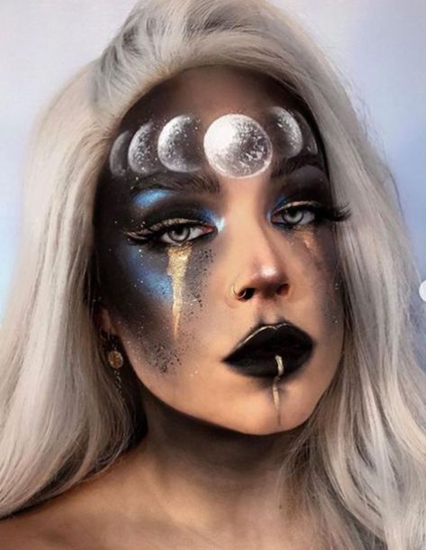 Glittering Moon Fantasy Makeup Looks Nyx Goddess Makeup Looks, Out Of This World Makeup Ideas, Celestial Goddess Makeup, Creative Fantasy Makeup, Eclipse Makeup Ideas, Night Sky Makeup Look, Full Moon Makeup, Moon Goddess Makeup Halloween, Cosmic Witch Makeup