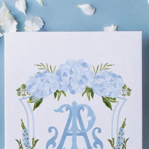 Hydrangea Wedding Crest, Watercolor Wedding Monogram, Watercolor Wedding Crest, Green Hydrangea Wedding, Watercolor Hydrangeas, Hydrangea Watercolor, Wedding Graphic Design, Blue Hydrangea Wedding, Happy Ideas