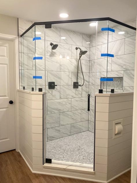 Corner Showers, Luxury Spa Bathroom, Neo Angle Shower, Master Bath Design, Rv Interior Remodel, House Bathrooms, Hall Bathroom, Basement Makeover, Bathroom Redesign