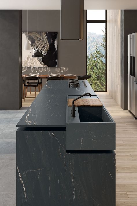 Modern Marble Kitchen Island, Long Island Kitchen, Bar Island Design, All Marble Kitchen Island, Sculptural Kitchen Island, Metal Kitchen Island Modern, Bar Island, Kitchen Island Marble And Wood, Long Kitchen Island