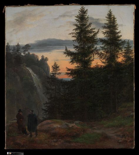 Johan Christian Dahl | Two Men before a Waterfall at Sunset | The Met Aristotle Art, Hans Dahl, Johan Christian Dahl, Norwegian Landscape, David Friedrich, Moonlight Painting, Dream Pictures, Caspar David Friedrich, European Paintings