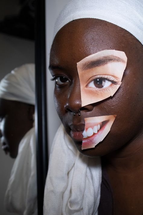 Black woman with magazine pieces covering her face Conceptual Self Portrait, Photography Identity, Photography Identity Ideas, Beauty Standards Photography, Unconventional Photography, Diversity Photography, Identity Portrait, Photography Self Portrait, Identity Photography