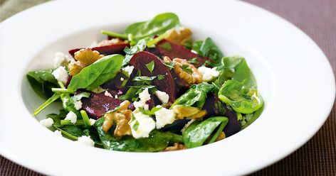 Beetroot, baby spinach and goat's cheese salad Spinach Goat Cheese Salad, Spicy Walnuts, Beetroot And Feta Salad, Avocado Spinach Salad, Orange Vinaigrette, Beet And Goat Cheese, Spinach Salad Recipes, Cheese Spinach, Feta Recipes