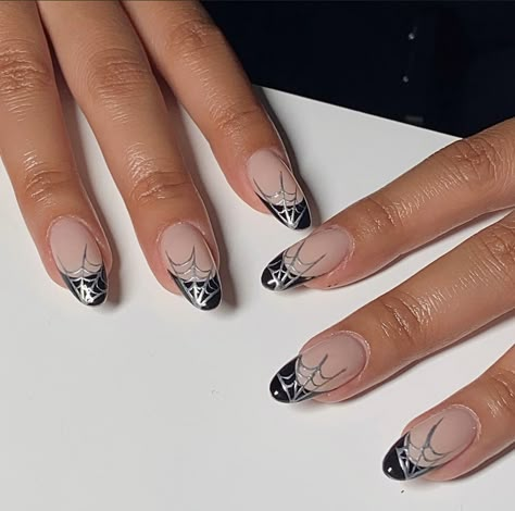 Black French Tip Almond Nails, Black French Tip Almond, Nails Silver Chrome, French Tip Short, Spiderman Nails, Tip Almond Nails, French Tip Almond Nails, French Tip Almond, Black Chrome Nails