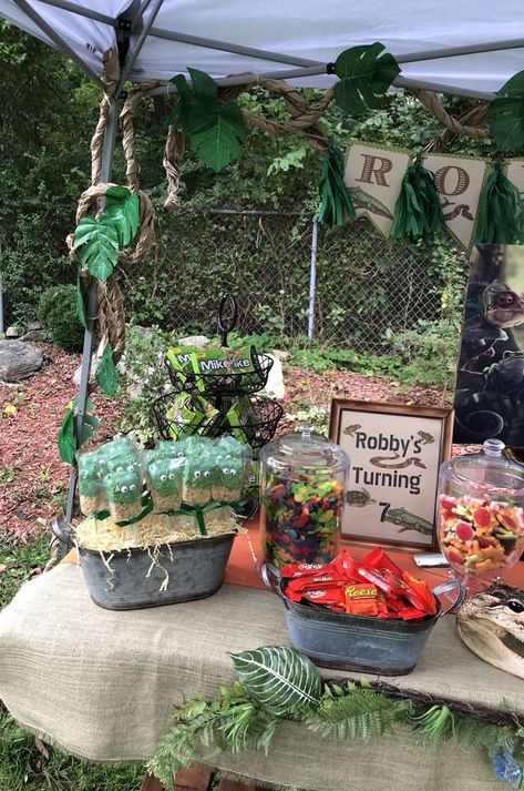 Swamp Party Ideas, Reptile Party Centerpieces, Reptile Party Snack Ideas, Reptile Party Ideas, Reptile Birthday Party Ideas, Reptile Birthday Party, Reptile Party Decor, Reptile Birthday Party Decorations, Reptile Themed Birthday Party Food