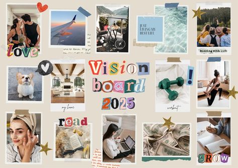 Templates Canva Vision Board Template, Canva Collage Templates, Vision Board Scrapbook, Digital Scrapbook Aesthetic, Beige Scrapbook, Vision Board Frame, Vision Board Canva, Canva Collage, Vision Board Poster