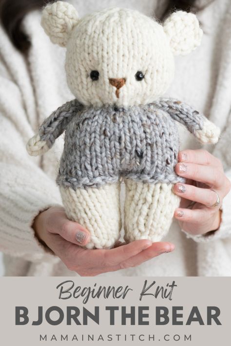 Super easy bear knitting pattern that's perfect for beginners! It's free with a picture tutorial. Mother Bear Project, Easy Knit Stuffed Animals, Free Simple Knitting Patterns, Learn To Knit Patterns, Knit Monster Pattern Free, Crochet Bear Easy, Beginner Knitting Ideas, Winnie The Pooh Knitting Patterns Free, Stuffed Animal Knitting Patterns Free