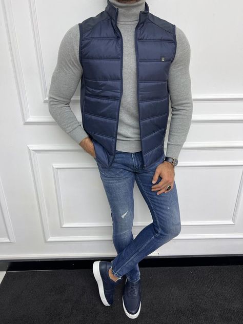 Navy Blue Vest Outfit, Lax Outfits, Vest Men Outfit, Blue Vest Outfit, Sport Coat And Jeans, Blue Jeans Outfit Men, Black Vest Outfit, Puffer Vest Outfit, Jeans Outfit Men