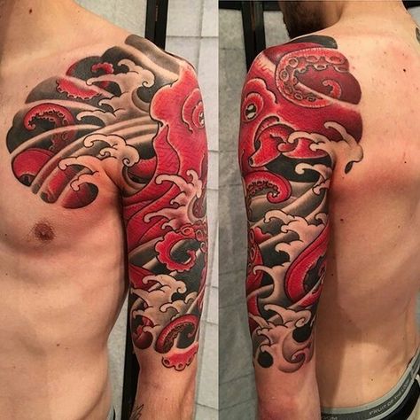 Japanese Octopus, Sleeve Henna, Octopus Tattoo Sleeve, Squid Tattoo, Octopus Tattoo Design, Octopus Tattoos, Full Sleeve Tattoo Design, Back Of Shoulder Tattoo, Irezumi Tattoos