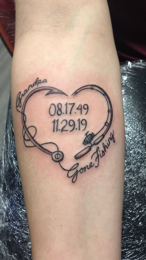 In Loving Memory Tattoos Grandpa, Grandpa Tattoo In Memory Of Fishing, Remembering Grandpa Tattoo, Fishing Remembrance Tattoos, Grandfather Remembrance Tattoos, Fishing Memorial Tattoo Grandpa, Tattoo For My Grandfather, Grandparents Remembrance Tattoo, Fishing Tattoos For Women Memorial