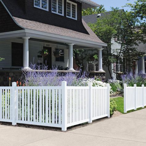 Use with Outdoor Essentials Pro Series 4 ft. Evanston Spaced Picket Fence Panels. Made of durable, low-maintenance vinyl. Routed holes for a bracket-free post-to-rail connection. Structural post, doesn't need to be sleeved over a 4x4 wood post. Actual dimensions are 4-in x 4-in x 74-in. Wall thickness is 0.110-in. Outdoor Essentials Post, Line 4X4-74-in WHT in White | 118675 Picket Fence Gate, Vinyl Picket Fence, White Vinyl Fence, Vinyl Fence Panels, Picket Fence Panels, Vinyl Fencing, House Gate, Yard Fence, Front Fence