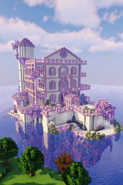 Big Buildings Minecraft, Purple Minecraft House Aesthetic, Minecraft Mansion Aesthetic, Minecraft Houses Quartz, Purpur Block Builds Minecraft, Purple Castle Minecraft, Minecraft Purpur Build, Minecraft Pastel House, Pastel Minecraft House