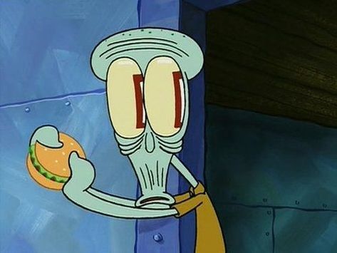 Squidward has a krabby patty in his hands with a long surprised shocked even disturbing face looking to the other side of him Spongebob Quiz, Humor Spongebob, Noxus League Of Legends, Wallpaper Spongebob, Meme Spongebob, Spongebob Faces, Goth Disney, Spongebob Pics, Squidward Tentacles