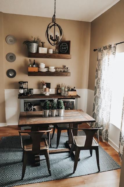 Dining Room Decor With Bar, Small Dining Room With Coffee Bar, Dining Room Bar Decor, Coffee Bar Seating Area, Small Dining Room Coffee Bar, Dinning Room With Coffee Station, Small Coffee Bar In Dining Room, Small Rustic Dining Room Ideas, Coffee Corner In The Living Room