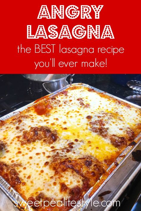 Angry Lasagna is the best lasagna recipe you'll ever make! Using smoked mozzarella and a spicy red meat sauce, this lasagna recipe feeds a crowd! Spasagna Recipe, Deep Dish Lasagna Recipe, Spicy Lasagna Recipe, Dinner Ideas For A Crowd, Smoked Lasagna, Red Meat Sauce, Best Ever Lasagna, Easy Lasagne Recipes, Lasagna Pizza