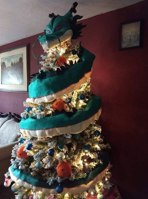 By the power of Shenron this Christmas tree is mighty and majestic! #dragonball #DBZ #dragonballGT #dragonballsuper #shenron #christmastree #christmas #xmas #decorations #tistheseason #goku #vegeta #geekstuff #geek #ninjamitton Dragon Ball Z Christmas Tree, Dragon Ball Z Christmas, Nerdy Christmas, Geek Christmas, Christmas Dragon, Christmas Background Images, Plaid Christmas Decor, Colonial Christmas, Anime Christmas