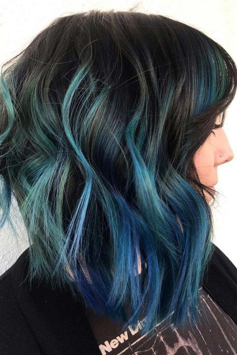 The Magnetic Power Of Incredibly Vibrant Blue Highlights | LoveHairStyles Short Black Bob, Teal Highlights, Bright Blue Hair, Blue Hair Highlights, Short Hair Blue, Types Of Hair Color, Blue Black Hair, Teal Hair, Black Bob