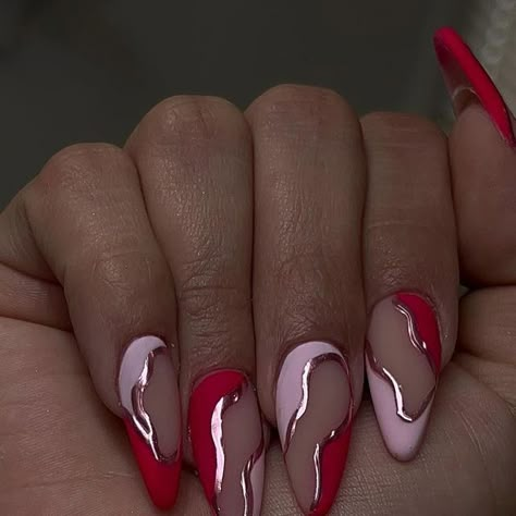 Red And Pink French Tip Nails Almond, Valentines Day Nails Almond Chrome, Eccentric Valentines Nails, February Gel X Nails, Pink Red Swirl Nails, Red Acrylics With Design, Trendy Almond Nails Valentines, Red Chrome Design Nails, Red Pink Nail Designs