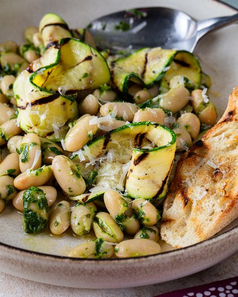 Grilled Zucchini Ribbons, White Beans & Pesto Zucchini And White Beans, Creamy Garlicky Courgette And Butterbean Bowl, White Bean Pesto, Zucchini Bean Salad, Zucchini White Bean, Zucchini Lunch, Ribbon Zucchini Recipes, Zucchini And Beans Recipes, Zucchini Ribbons Recipes