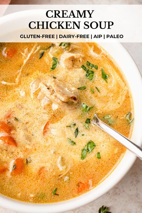 This homemade Creamy Chicken Soup is rich, silky, and the ultimate comfort food. It’s brimming with tender vegetables, fresh herbs, and deliciously seasoned, juicy chicken in a creamy, savory broth. This gluten-free & dairy-free chicken soup is also paleo and AIP-friendly. #chickensoup #creamychickensoup #dairyfreechickensoup #glutenfreechickensoup #souprecipes #healthysoups #wintersoups #paleorecipes #healthyrecipes #winterrecipes #glutenfreerecipes #dairyfreerecipes #homemadesoup Low Carb Dairy Free Soup Recipes, Low Histamine Chicken Soup, Low Histamine Instant Pot Recipes, Clean Soup, Creamy Chicken And Rice Soup, Low Histamine Recipes, Whole 30 Soup, Instant Pot Chicken And Rice, Whole30 Soup Recipes