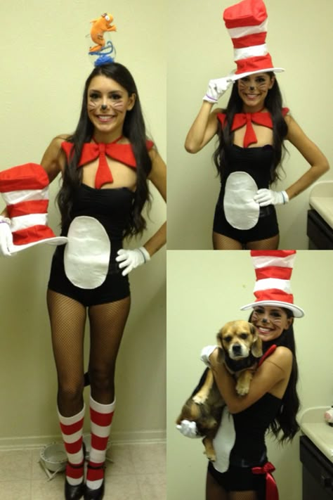 Cat in the Hat costume idea Cat In The Hat Costume, Group Costume Ideas, Costume Ideas For Women, Food Costumes, Rave Costumes, Halloween Party Outfits, Pretty Halloween, Cat Halloween Costume, Trendy Halloween Costumes