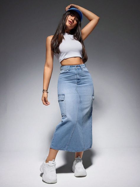 Medium Wash Casual Collar  Denim Plain Straight Embellished Non-Stretch  Women Clothing Maxi Jean Skirt Outfits, Cargo Denim Skirt, Maxi Jean Skirt, Jean Skirt Outfits, Long Denim Skirt, 2024 Style, Denim Skirts, Cargo Skirt, Jean Skirt