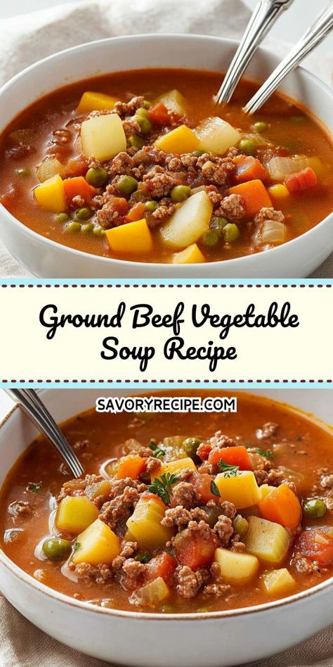 Enjoy a bowl of wholesome goodness with our Ground Beef Vegetable Soup Recipe. This easy-to-make dish combines tender ground beef with a colorful array of vegetables, creating a nutritious meal for the whole family. Perfect for meal prep, add this satisfying soup to your Ground Beef Recipes today! Ground Beef Vegetable Soup Recipe, Veg Beef Soup, Ground Beef Vegetable Soup, Beef Vegetable Soup Recipe, Beef Veggie Soup, Best Vegetable Soup Recipe, Vegetable Soup Crock Pot, Easy Vegetable Beef Soup, Homemade Vegetable Beef Soup