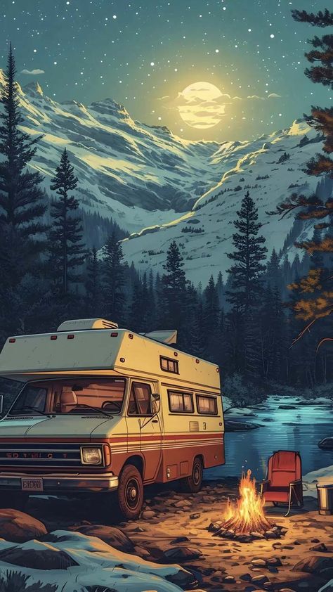 Campervan Adventures iPhone Wallpaper Vintage Camper Art, Winnebago Travato, Camper Art, Mid Night, Camping Inspiration, Kombi Home, Retro Artwork, Surreal Artwork, Cool Car Drawings