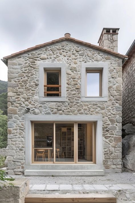 Small Stone Building, Stone House Windows, New Stone House, Mediterranean Stone House, Stone Houses Rustic, Tiny Stone House, Small Stone House, Limestone House, Stone Exterior Houses