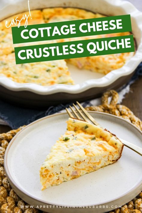 This Cottage Cheese Crustless Quiche is easy and delicious! This versatile recipe is perfect for breakfast or dinner. Just add your favourite quiche ingredients to a smooth and creamy cottage cheese and egg base, and you have a tasty crustless quiche ready in less than 1 hour. Cottage Cheese Egg Quiche, Crustless Cottage Cheese Quiche, Cottage Cheese Crustless Quiche, Cottage Cheese Quiche Crustless, Crustless Quiche Recipes Easy, Cottage Cheese Recipes Dinner, Quiche With Cottage Cheese, Recipes Using Cottage Cheese, Cottage Cheese Quiche