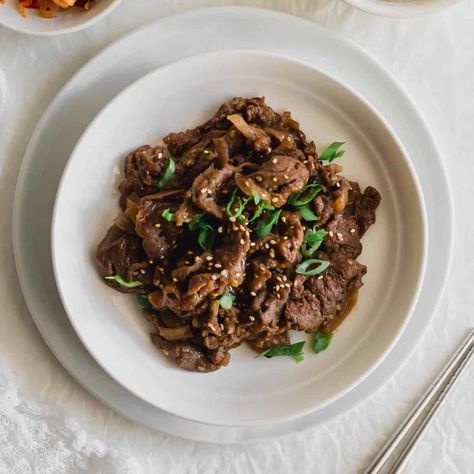 Korean Beef Bulgogi Korean Food Bulgogi, Rice Buns, Korean Beef Bulgogi, Korean Beef Recipes, Korean Bulgogi, Korean Bbq Beef, Korean Rice Cake, Gochujang Sauce, Korean Side Dishes