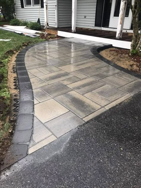 Entryway Sidewalk Ideas, Landscaping Along Sidewalk Front Walkway, Home Walkway Ideas, Curved Walkway To Front Door, Large Pavers Walkway, Drive Ways Ideas Driveways Front Yards, Front Sidewalk Landscaping, Tall Narrow Trees, Sidewalk Landscaping Ideas