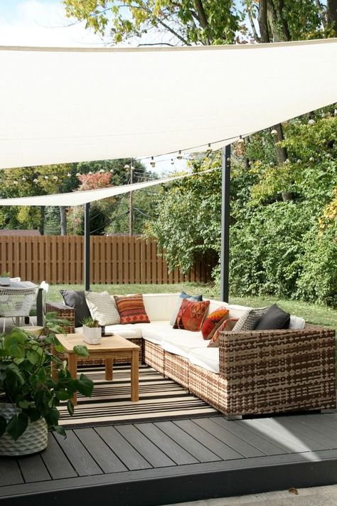 West Facing Patio Ideas, West Facing Backyard Shade, Patio Covers Attached To House Diy, Wind Sail Shade Patio, Sun Sail Shade Ideas, Deck Shade, House Tweaking, Sail Shade, Brick Patio