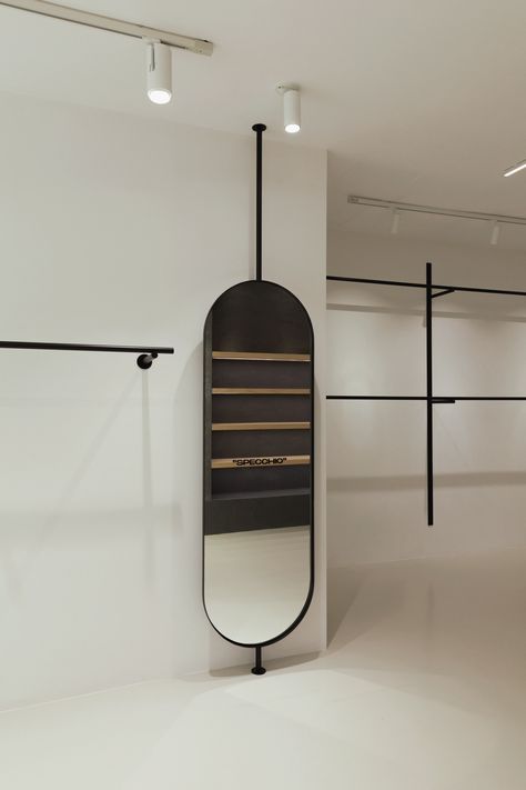 Carmelo Fiore | Leibal Ceiling Mounted Mirror, Suspended Mirror, Minimal Store, Bari Italy, Tall Mirror, Retail Interior Design, Tiny Shop, Double Sided Mirror, Retail Interior