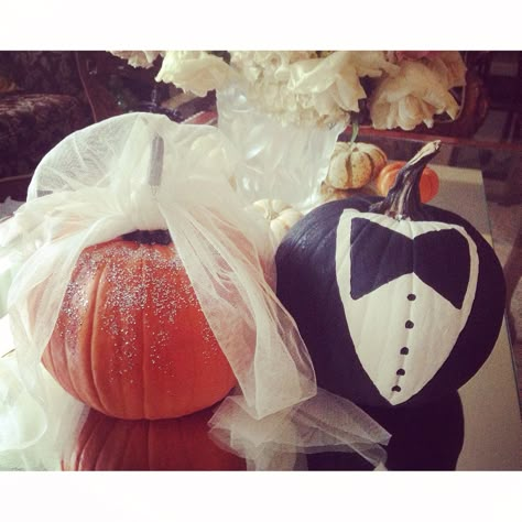 Bride and Groom painted Halloween pumpkins Painted Halloween Pumpkins, Halloween Bridal Showers, Engagement Party Planning, Halloween Bride, Biker Wedding, Pumpkin Wedding, Halloween Themed Wedding, Couples Bridal Shower, Couple Wedding Shower