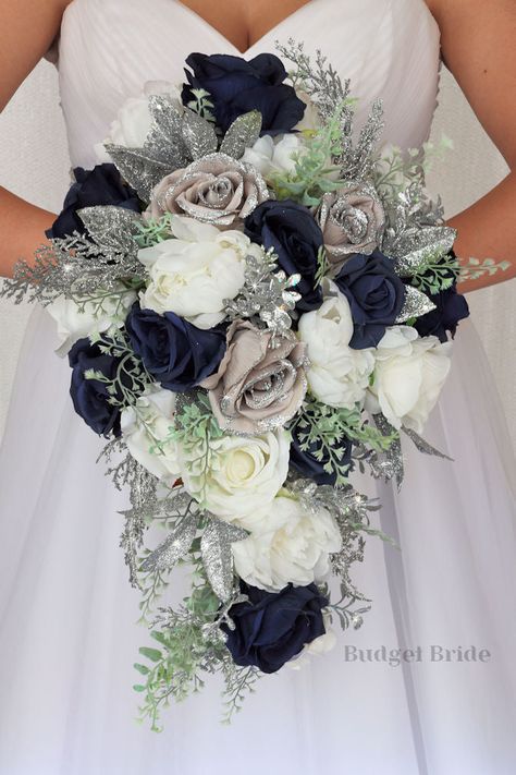 Javi Collection #2021173 - $45 - $280 Navy Blue Roses, Gray Roses, Cascading Bouquet, Roses White, Cascade Bouquet, Navy Blue Wedding, Gray Weddings, White Peonies, Local Wedding