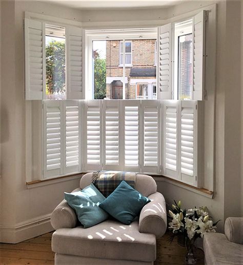 Bi-Folding Tier on Tier Shutters for Property in Lewisham, London | ShuttersUp Tier On Tier Shutters, Bay Window Shutters Living Rooms, Shutters Interior Window Living Room, Bifold Shutters, Parrot Room, Shutters Bay Window, Lewisham London, Edwardian Interiors, Blinds And Curtains Living Room