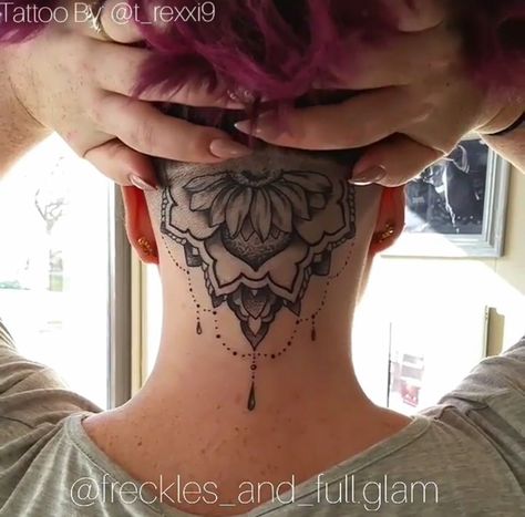 Undercut Tattoo Women, Old Women With Tattoos, Undercut Tattoos, Hairline Tattoos, Undercut Hair Designs, Nape Tattoo, Scalp Tattoo, Undercut Designs, Head Tattoo