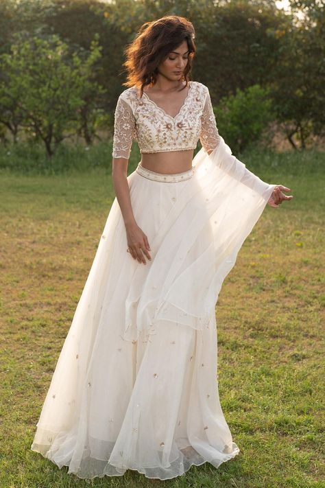 Shop for Zoon Off White Dupatta Floral Crystal Embellished Blouse Lehenga Set for Women Online at Aza Fashions Off White Crop Top Lehenga, Half Sleeve Blouse Designs, Lehenga Simple, Indian Fits, Lengha Blouse Designs, Onam Outfits, Wedding Fits, Blouse Lehenga, Lehenga Design