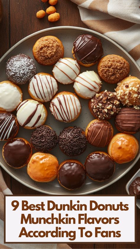 A variety of Dunkin Donuts Munchkins arranged on a plate, featuring fan-favorite flavors like glazed, chocolate, and seasonal specials. Dunkin Munchkins, Chocolate Glazed Donuts Recipe, Glazed Donuts Recipe, Dunkin Donut, Donut Flavors, Chocolate Glazed Donuts, Glazed Donuts, Mini Doughnuts, Donuts Recipe